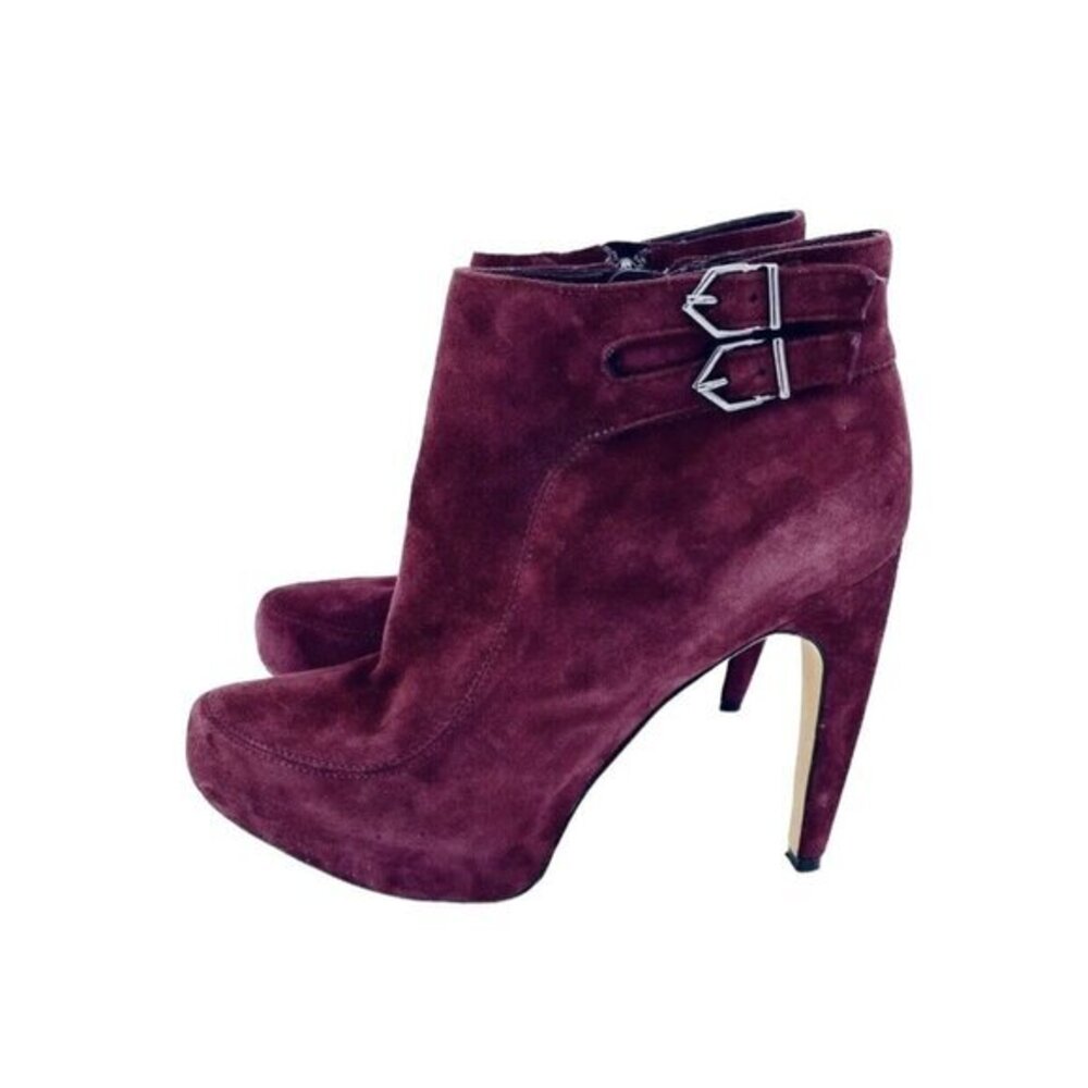 Sam Edelman Kit Ankle Boots Suede Burgundy High Heel Buckle Platform SZ 7.5